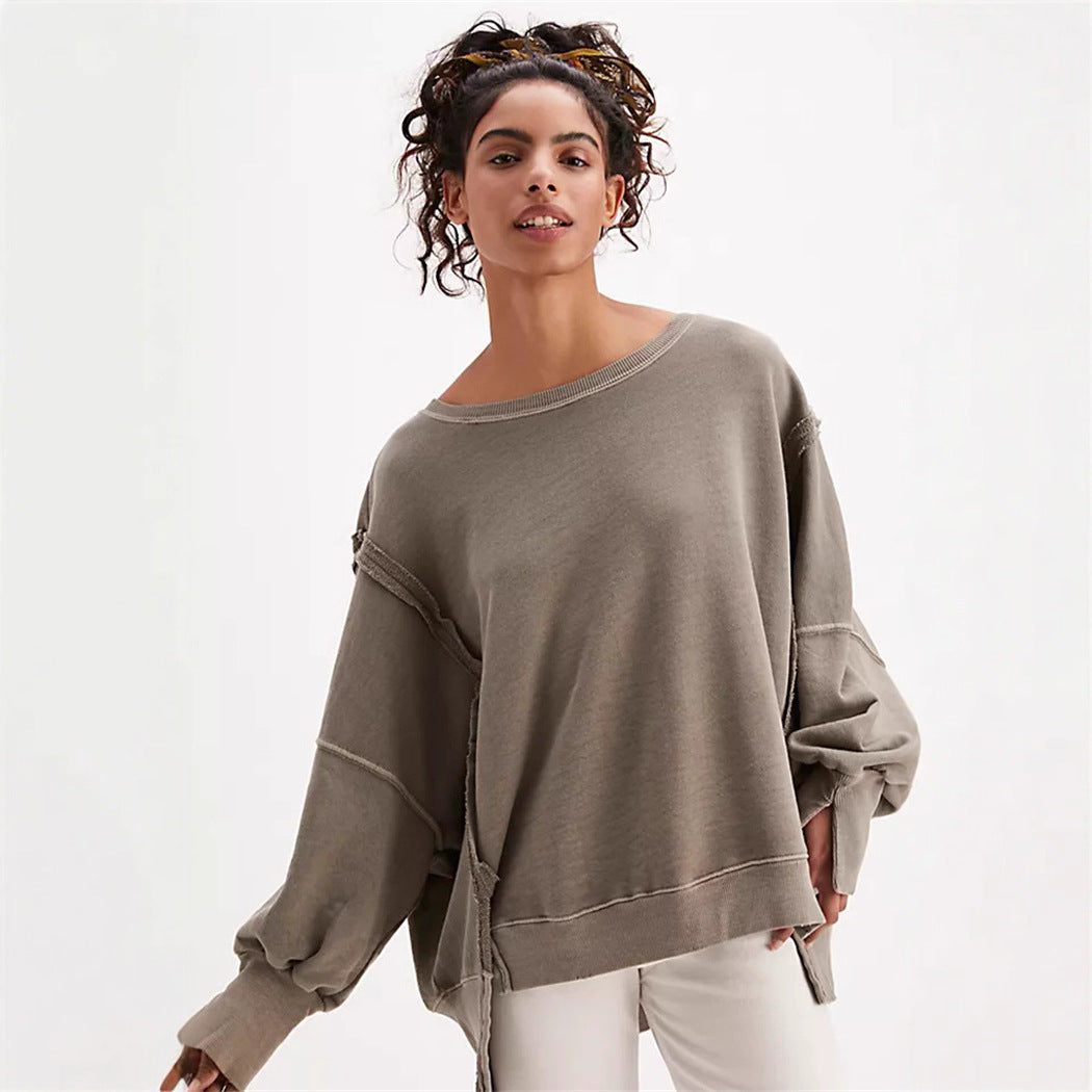 Damen oversized Sweatshirt mit Ballonärmeln, offenen Saumnähten und seitlichen Schlitzen Drune