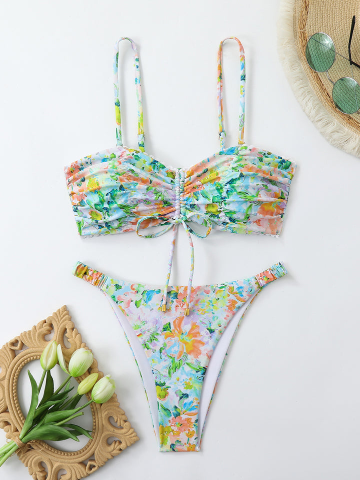 Damen Bikini-Set mit gerafftem Oberteil und hoch taillierten Hosen Drune