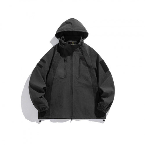 Unisex Technische Utility-Kapuzenjacke mit Reißverschluss, Brusttaschen und Klettpatch Drune