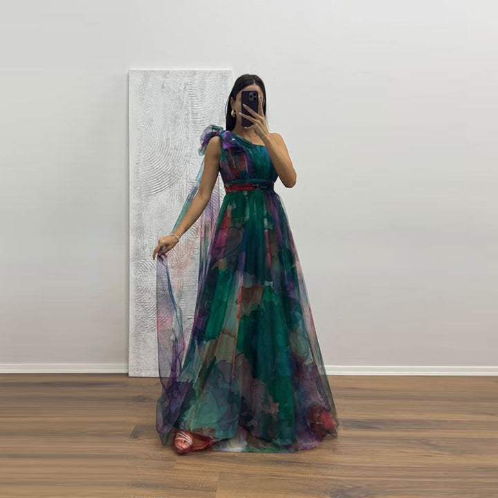 Damen Festliches Maxikleid mit transparenten Chiffon-Überlagern und zartem Rüschendesign Drune