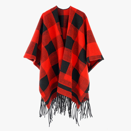 Damen Capeponcho im Plaid-Wickelstil aus Wollmix mit Fransensaum Drune