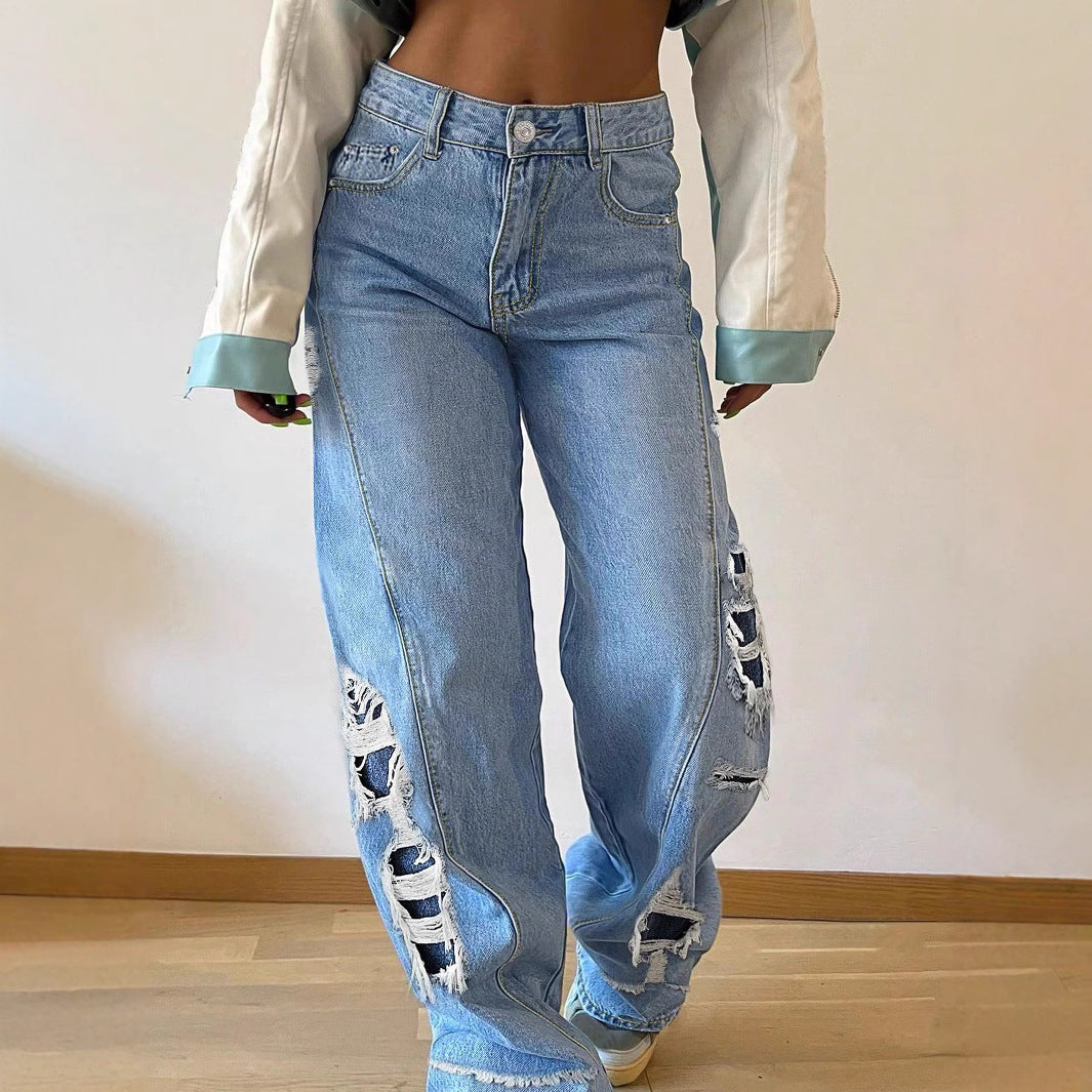 Damen weite Destroyed-Jeans mit seitlichen Cutouts und kontrastierten Unterlagen Drune