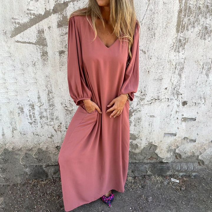 Damen Maxikleid mit tiefem V-Ausschnitt und praktischen Seitentaschen Drune