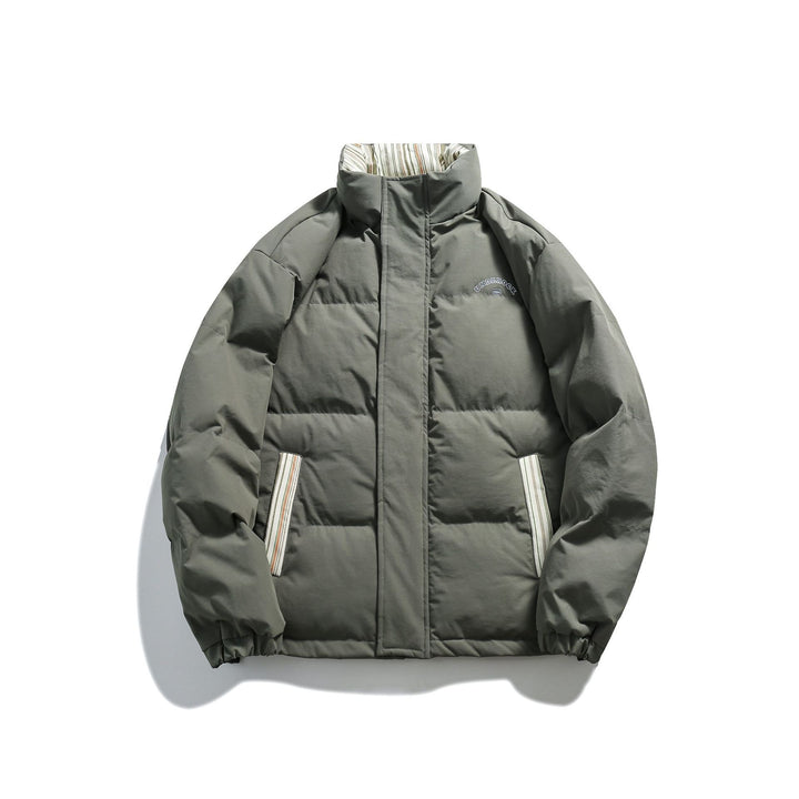 Unisex Kurz geschnittene wattierte Pufferjacke mit hohem Stehkragen und gestreiften Taschenblenden Drune