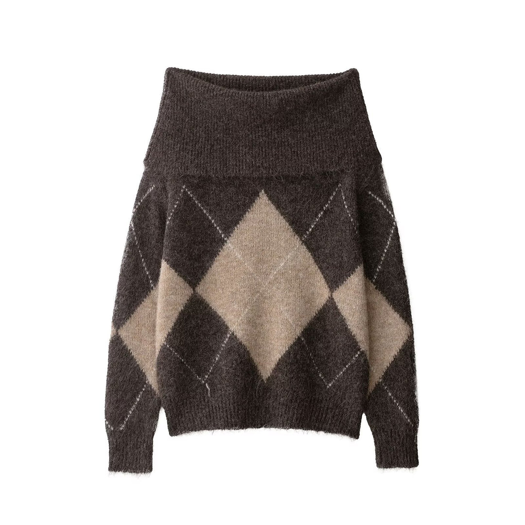 Damen 40+ weicher Mohair‑Mix Pullover mit weitem Rollkragen und Argyle‑Muster Drune