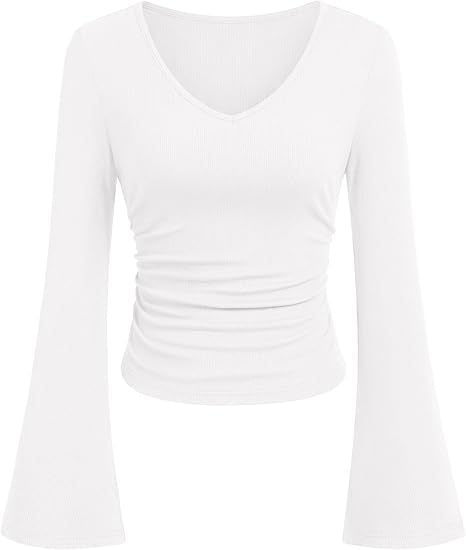 Damen Geripptes Cropped-Top mit V-Ausschnitt, taillierter Raffung und ausgestellten Trompetenärmeln Drune