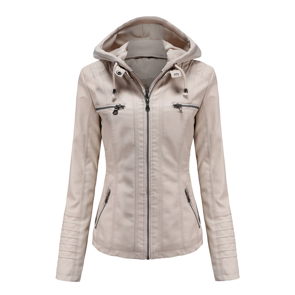 Damen nan taillierte Kunstlederjacke mit Kapuze, gesteppter Armblende und verdeckten Reißverschlusstaschen Drune