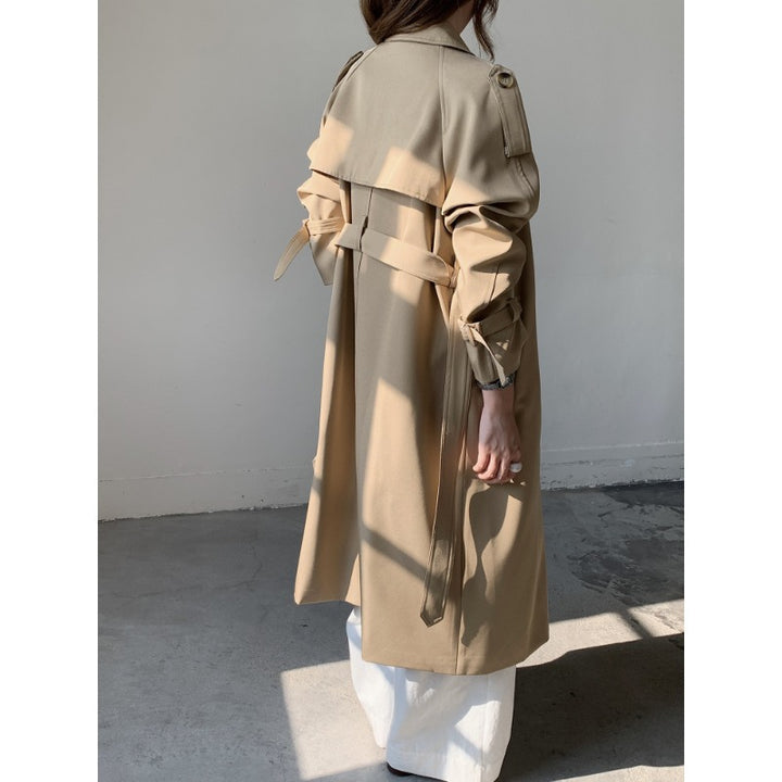 Damen langer doppelreihiger Trenchcoat mit Schulterklappen und Taillengürtel Drune