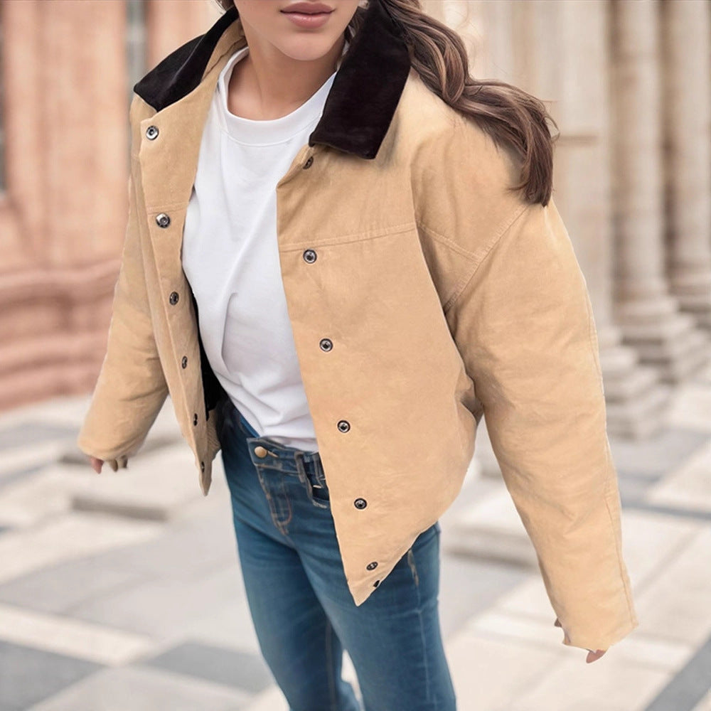 Damen Kurzer Cord-Workwear-Blouson mit Kontrastkragen Drune