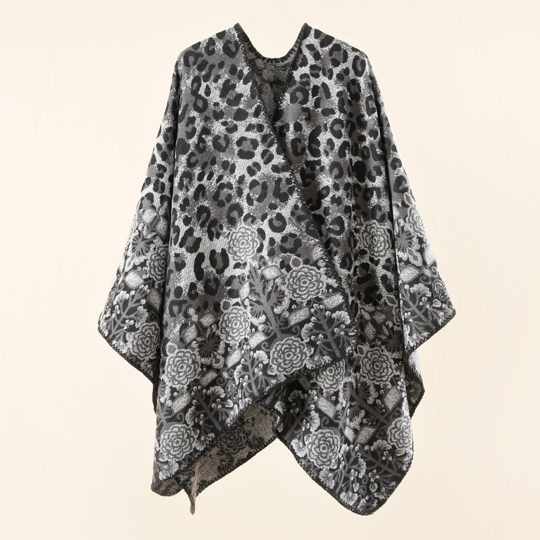 Damen Jacquard-Überwurfponcho im kastigen Kimono-Fall mit floral-animalischem Muster Drune