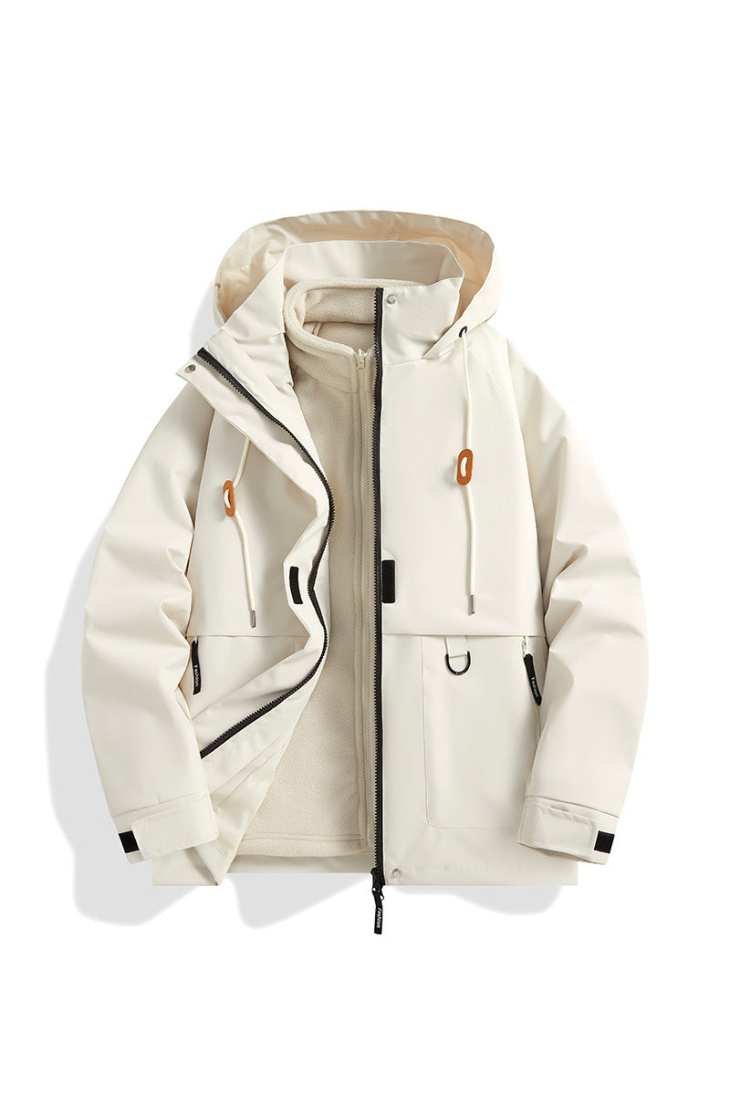 Herren Mehrlagige Softshell-Utilityjacke mit integriertem Fleece-Innenjackett, Kordelzugkapuze und Multifunktions-Taschen Drune