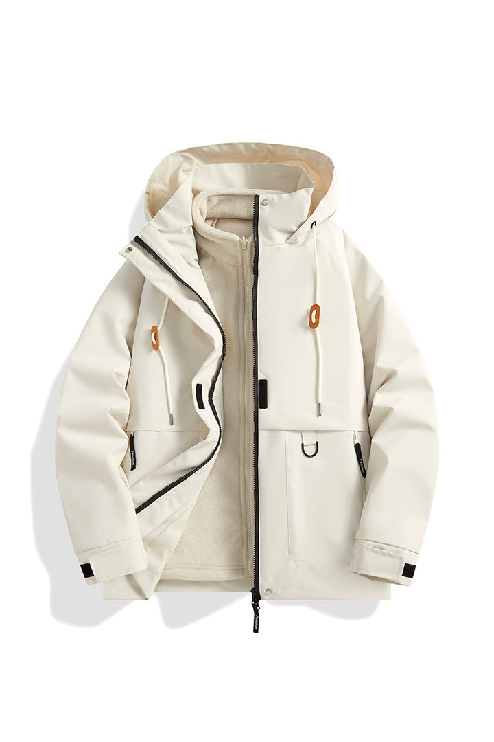 Herren Mehrlagige Softshell-Utilityjacke mit integriertem Fleece-Innenjackett, Kordelzugkapuze und Multifunktions-Taschen Drune