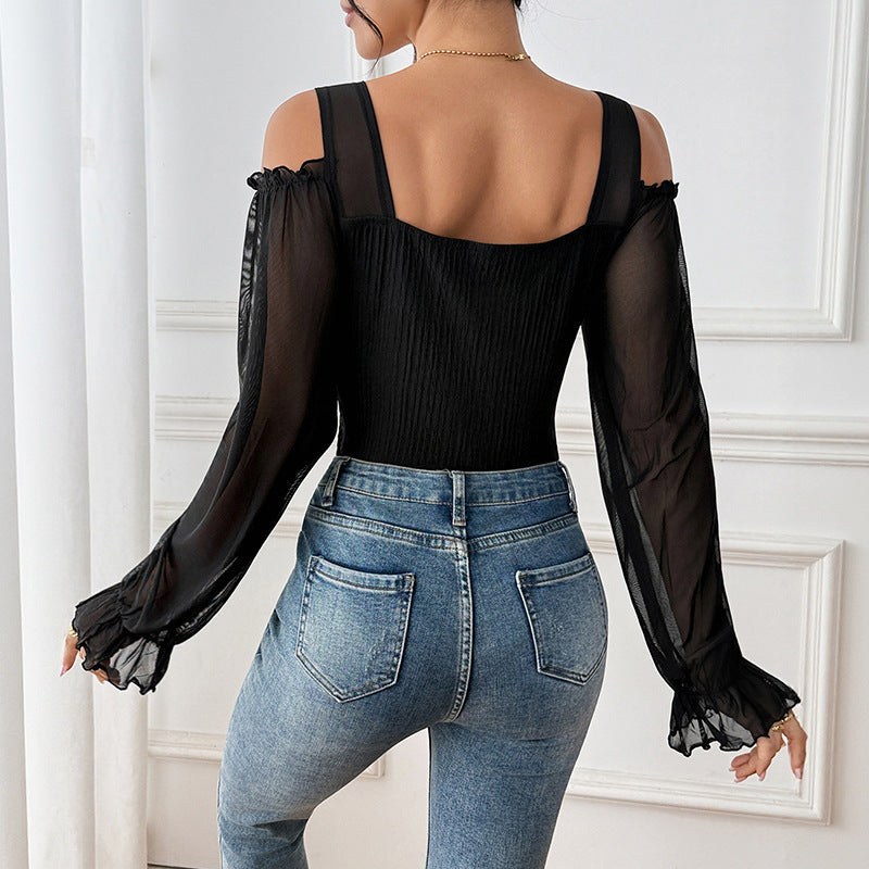 Damen Elegantes Oberteil mit raffinierten transparenten Ärmel Drune