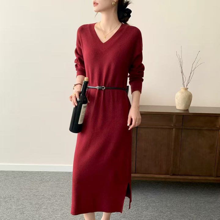 Damen Langes Feinstrick-Midikleid mit V‑Ausschnitt, Seitenschlitz und entspannter Silhouette Drune