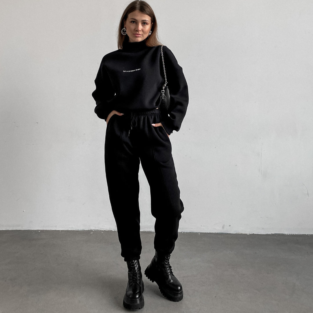 Damen lässiges Freizeit-Sweatset mit hohem Kragen und weiten Ärmeln Drune