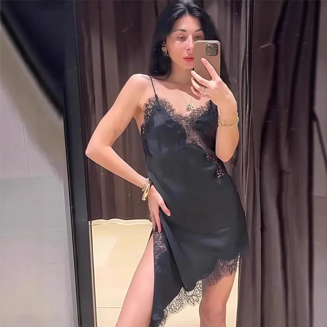 Damen Satin Negligé mit feiner Spitzenverzierung Drune