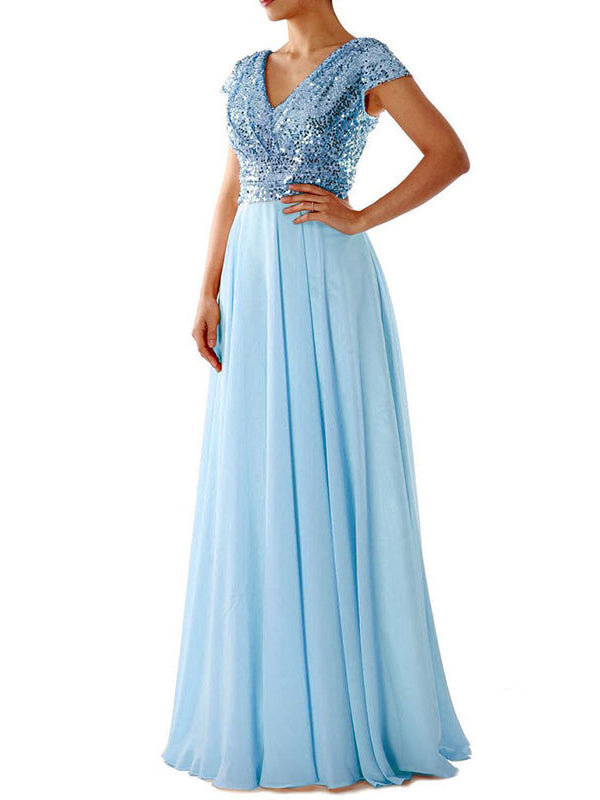 Drune | Damen Kleider V-Ausschnitt Paillette Chiffon Paneel Maxi Kleid
