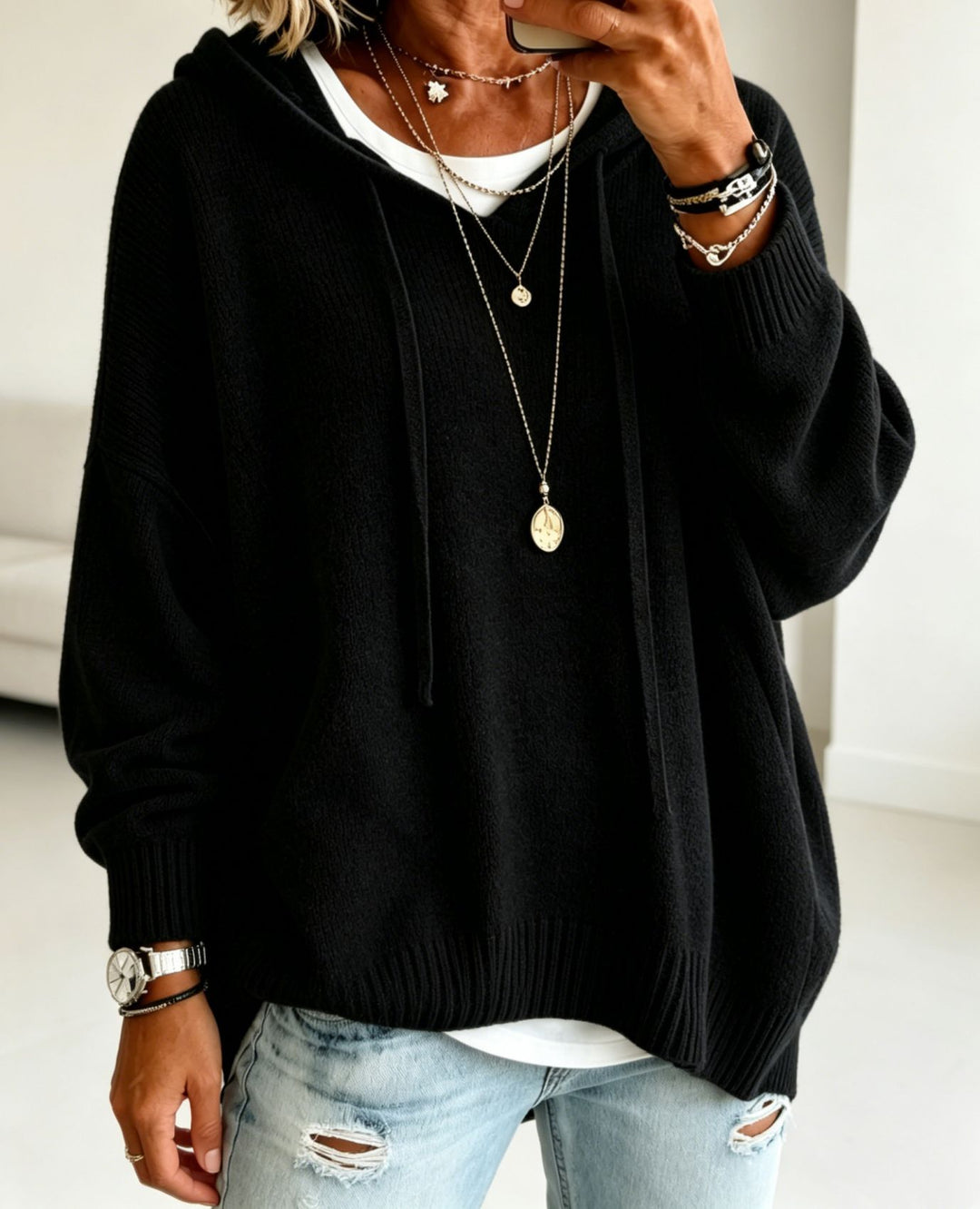 Damen Oversize Kapuzenpullover aus weichem Feinstrick mit Zier‑V‑Ausschnitt Drune