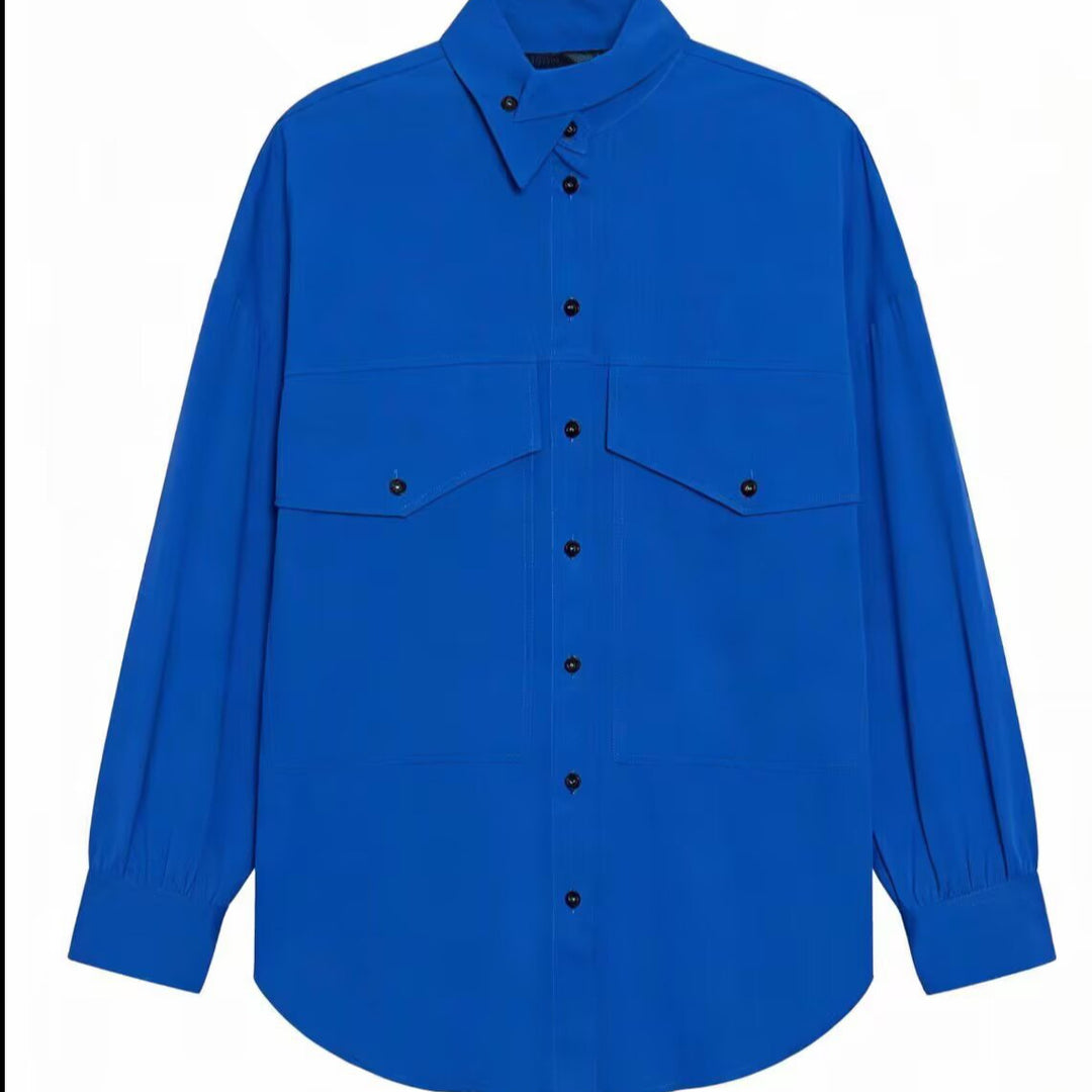 Damen Oversize-Hemdbluse-Jacke mit Pattentaschen und Stehkragen Drune