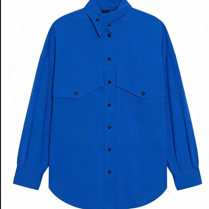 Damen Oversize-Hemdbluse-Jacke mit Pattentaschen und Stehkragen Drune