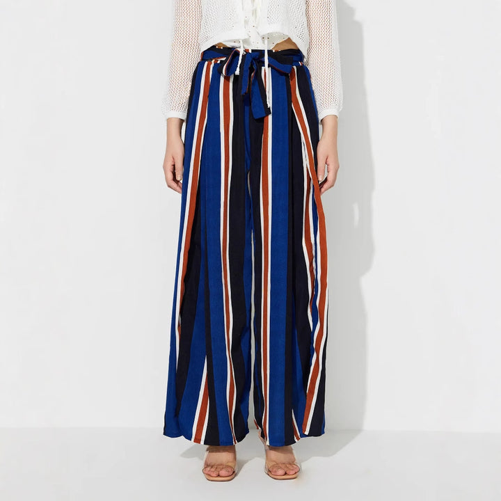 Damen weite Palazzo-Hose mit stylischem Bindegürtel und modernem Streifenmuster Drune