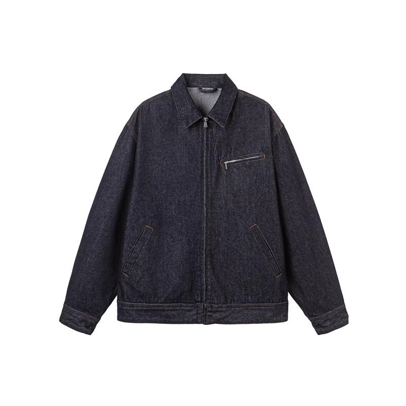 Herren Boxy-Denimjacke mit durchgehendem Reißverschluss, Brust-Reißverschlusstasche und Hemdkragen Drune