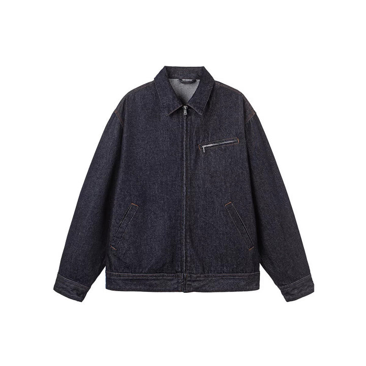 Herren Boxy-Denimjacke mit durchgehendem Reißverschluss, Brust-Reißverschlusstasche und Hemdkragen Drune