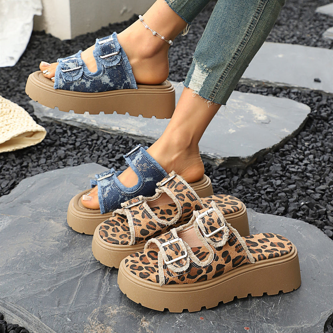 Damen Plateau-Pantoletten mit verstellbaren Riemen und trendiger Denim-Optik Drune
