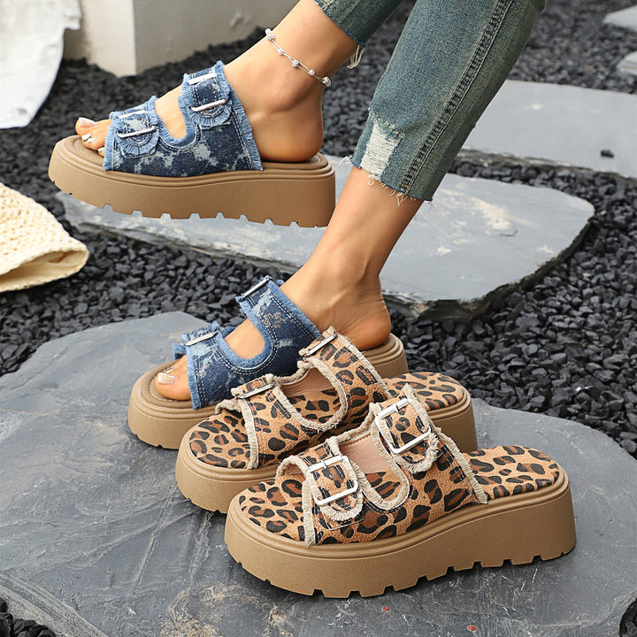 Damen Plateau-Pantoletten mit verstellbaren Riemen und trendiger Denim-Optik Drune