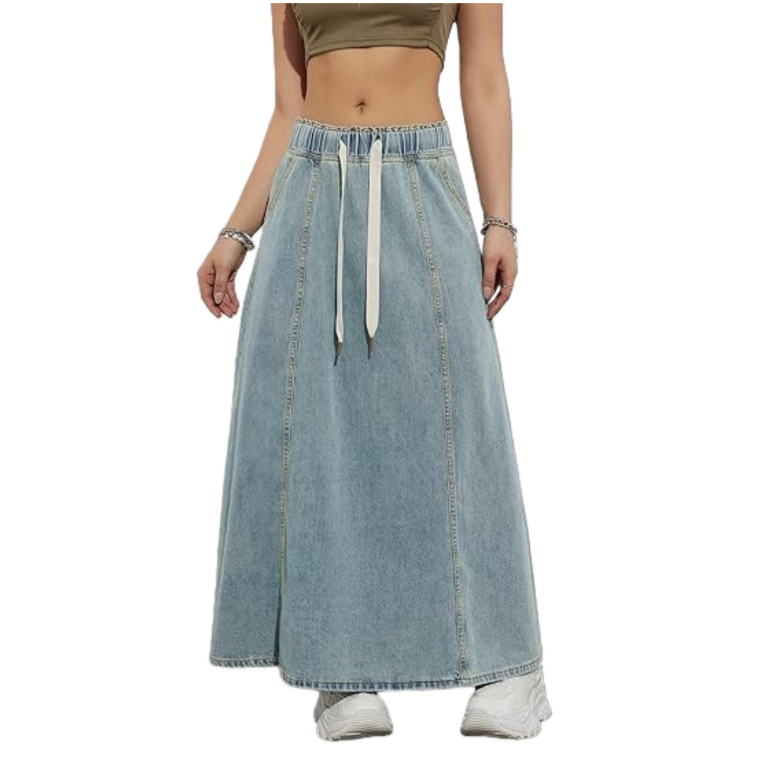 Damen Langer A-Linien Jeansrock mit elastischem Bund und Kordel Drune