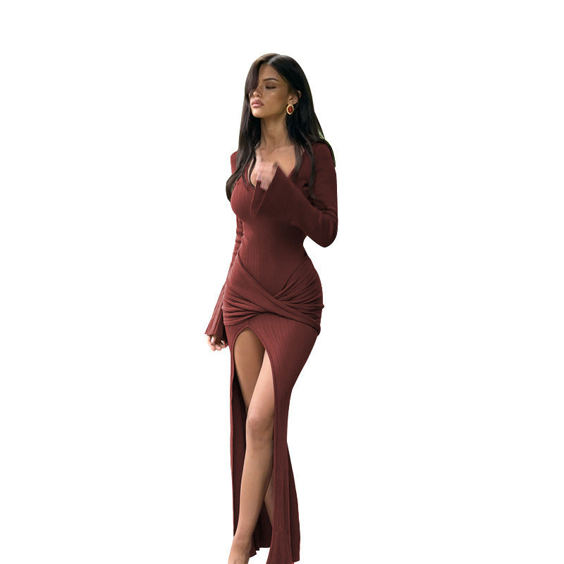 Damen elegantes Wickelkleid mit tiefem Schnitt und langen Ärmeln Drune