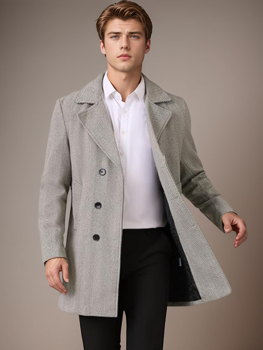 Herren eleganter Wende-Mantel mit doppelter Knopfleiste und verborgenem Gürtel Drune