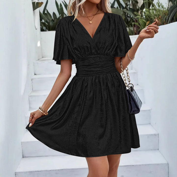 Damen Abendkleid mit schimmerndem V-Ausschnitt und voluminösen Ärmeln Drune