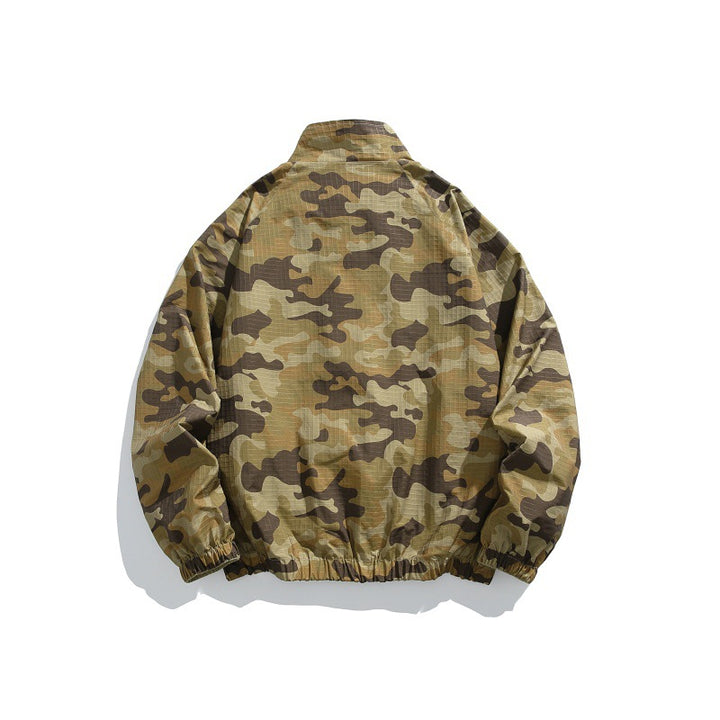 Unisex Leichter Camo‑Windbreaker mit hohem Stehkragen, Brustreißverschluss und elastischem Saum Drune