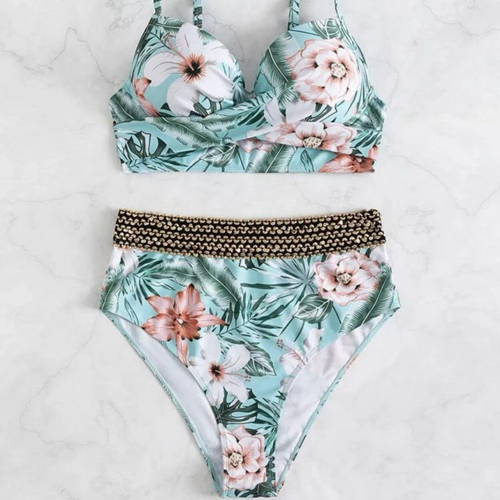 Damen Hochtaillierter Bikini mit floralem Oberteil Drune