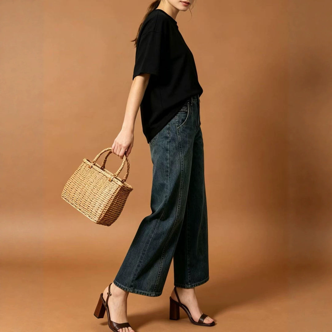 Damen nan hohe Taille Plissée Wide-Leg-Denimhose mit verkürztem Bein und dekorativen Vorderfalten Drune