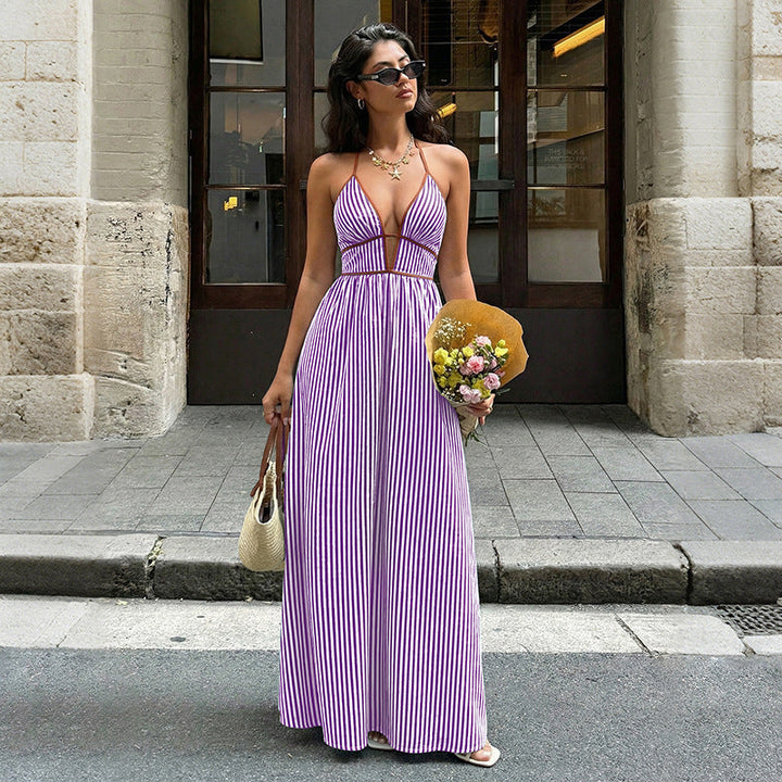 Damen Maxi-Kleid mit tiefem V-Ausschnitt und raffiniertem Streifenmuster Drune