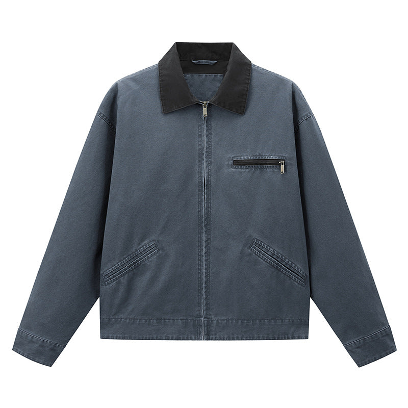 Men's  vintage-inspired zip-front workwear jacket with contrast collar and angled welt pockets Drune