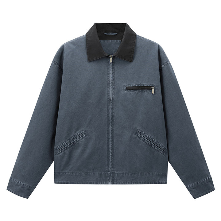 Men's  vintage-inspired zip-front workwear jacket with contrast collar and angled welt pockets Drune