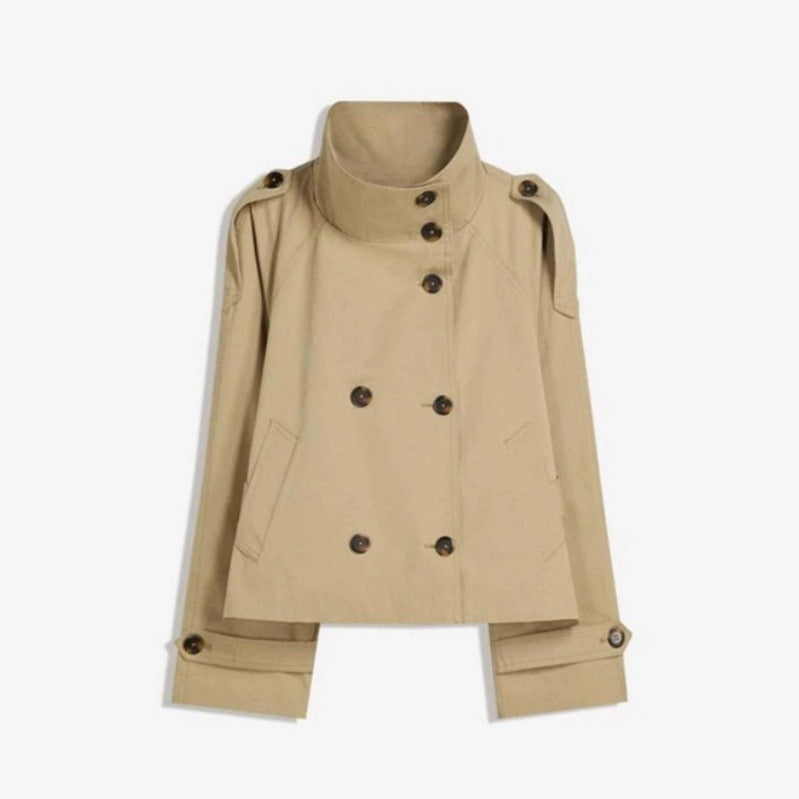 Damen Kurz geschnittener Trench‑Cape mit abnehmbaren Ärmeln, Stehkragen und Doppelreiher Drune
