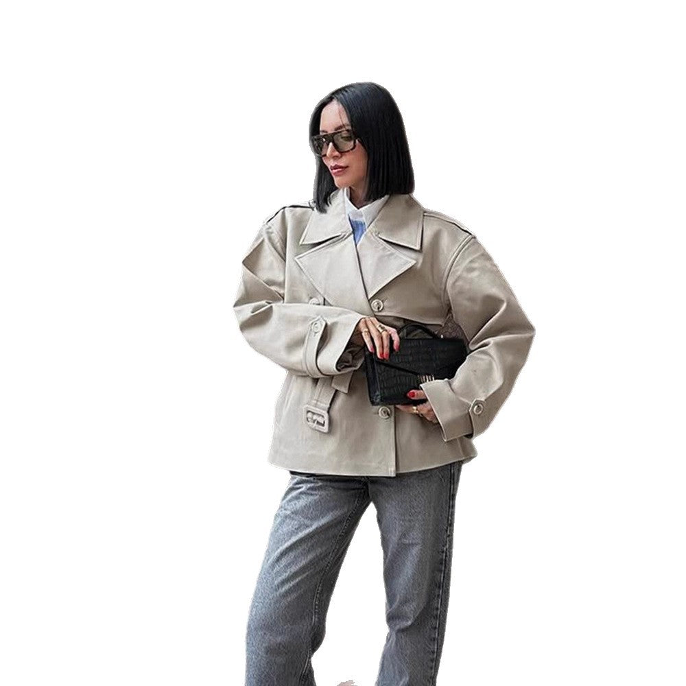 Damen Kurzjacke im Trench-Stil mit taillierendem Bindegürtel und weitem Ärmel Drune