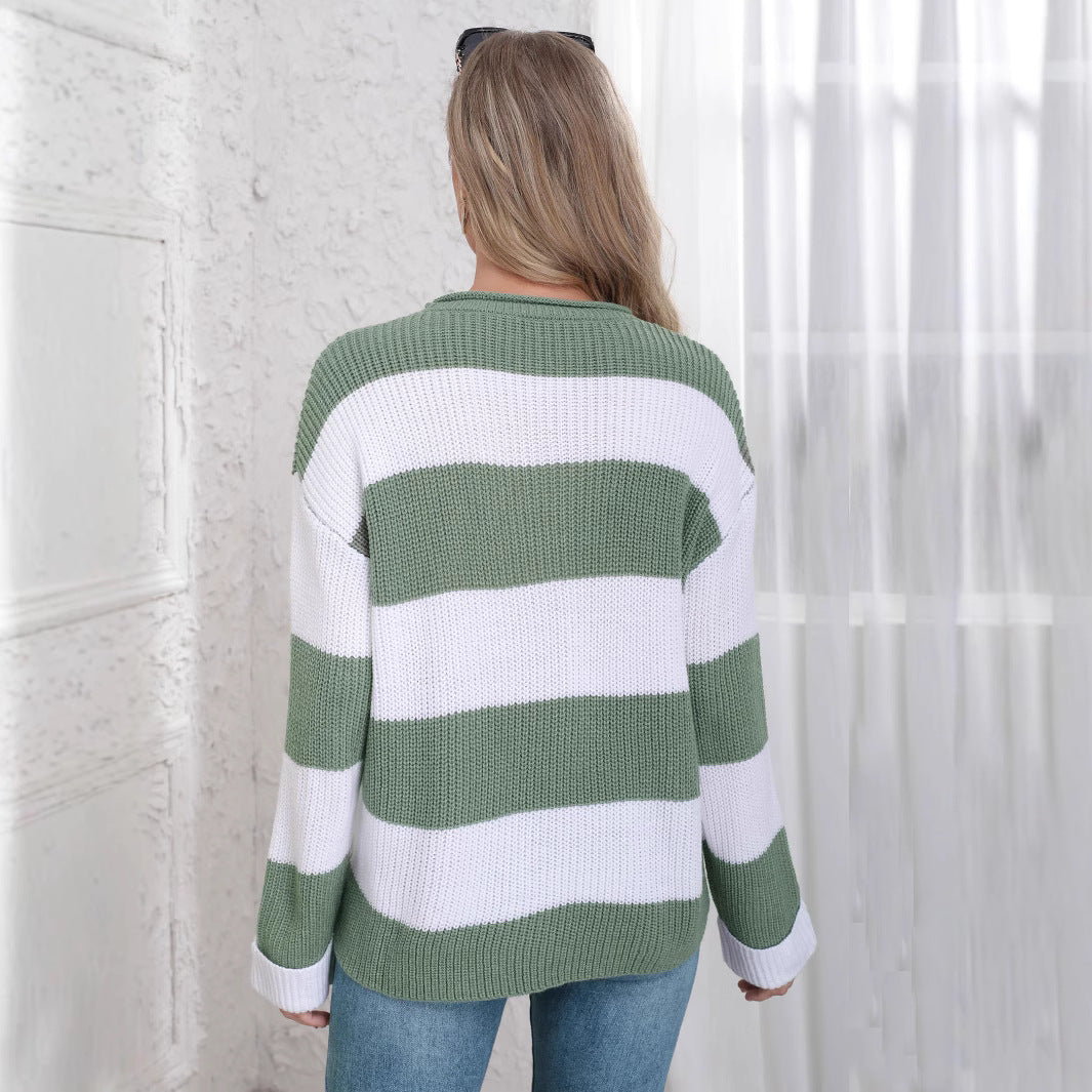 Damen lässiger Strickpullover mit breiten Streifen und lockerer Passform Drune