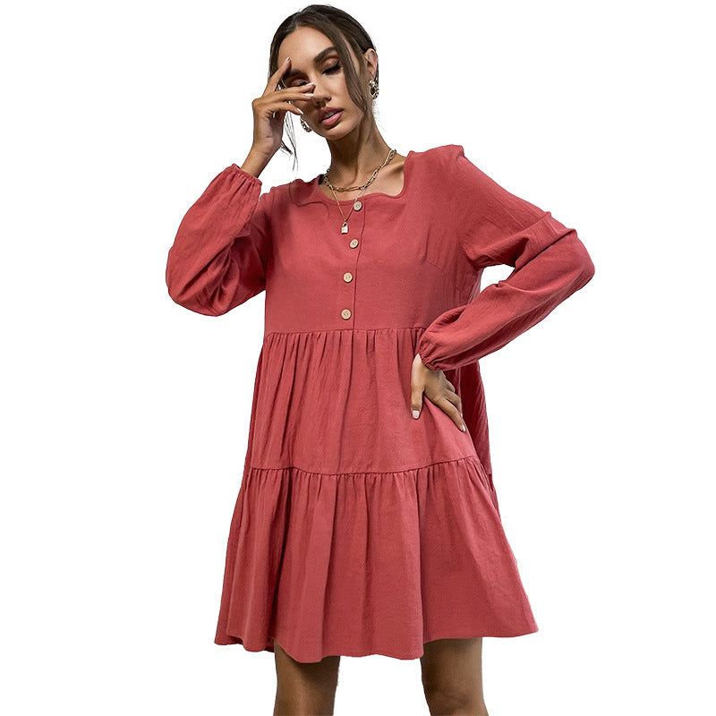 Damen Lockeres Cord-Volantkleid mit Stufenrock & Zierknopfleiste Drune