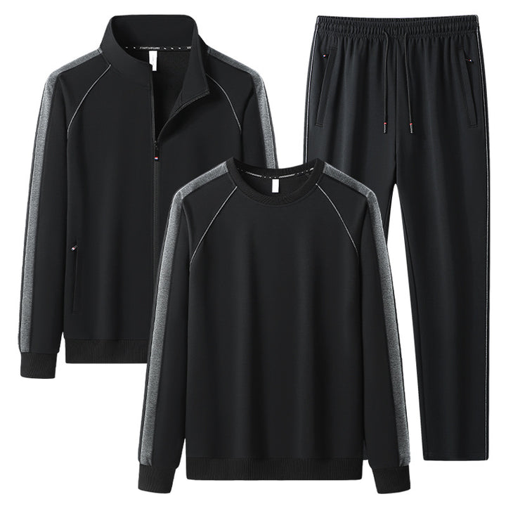 Herren Dreiteiliges Freizeit-Trainingsanzug-Set aus weichem French-Terry mit Reißverschlussjacke, Rundhals-Sweatshirt & Kordel-Jogginghose Drune