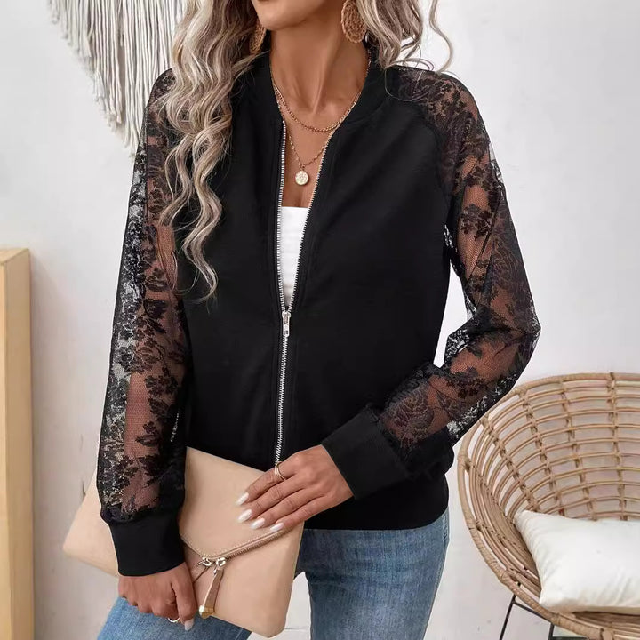 Damen nan leichte Bomberjacke mit floralen Spitzenärmeln und Reißverschluss Drune