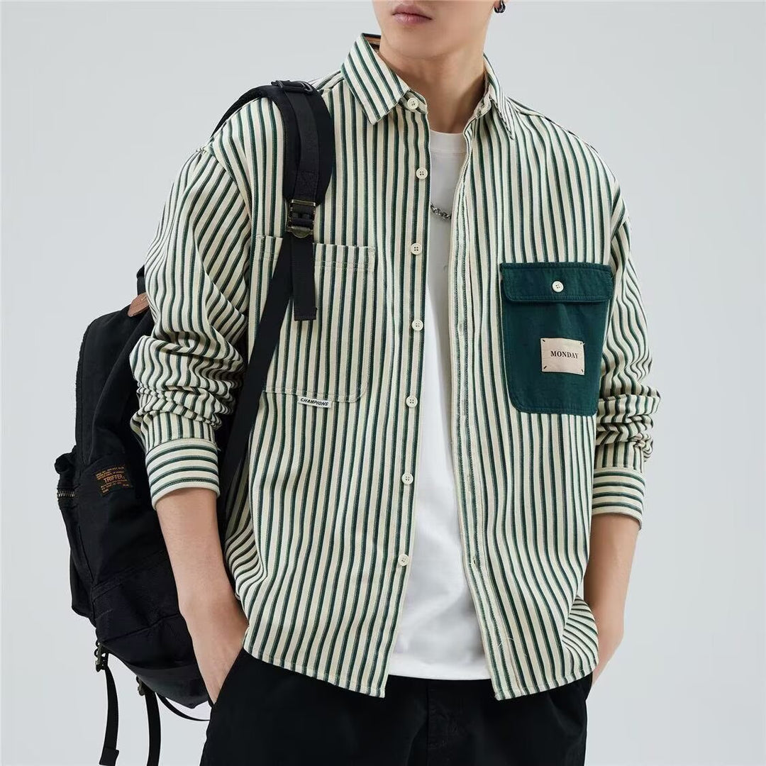Herren Gestreiftes Overshirt im Workwear-Stil mit kontrastierter Brusttasche Drune
