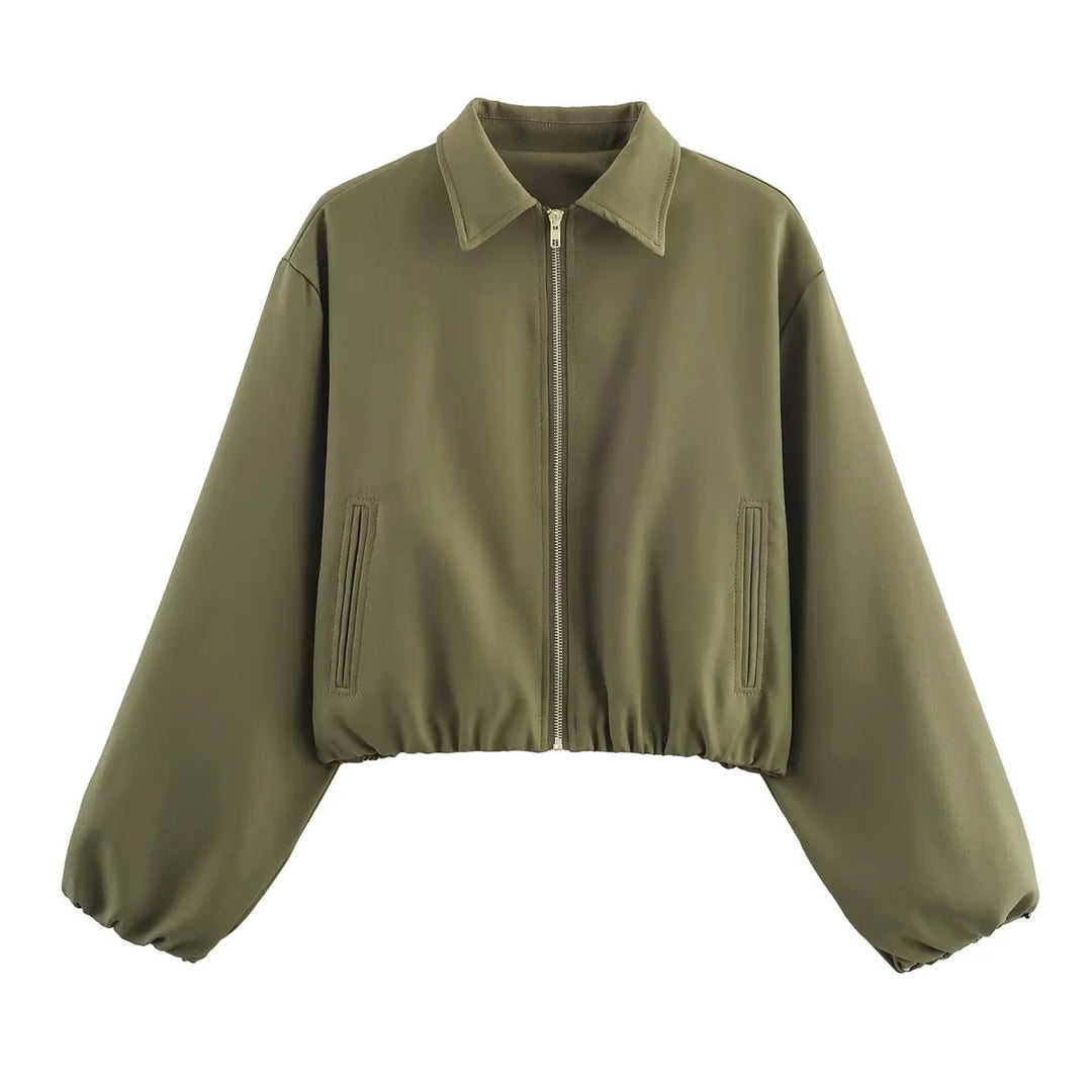 Damen nan cropped Blousonjacke mit Reißverschluss, Hemdkragen, Eingrifftaschen und elastischem Saum Drune