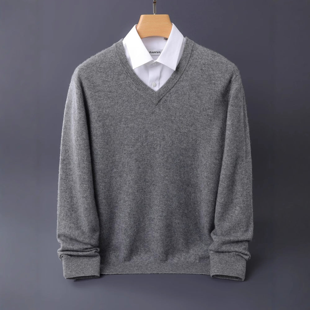 Herren Feiner V-Ausschnitt-Pullover aus Merino-Kaschmir-Mix mit gerippten Bündchen Drune