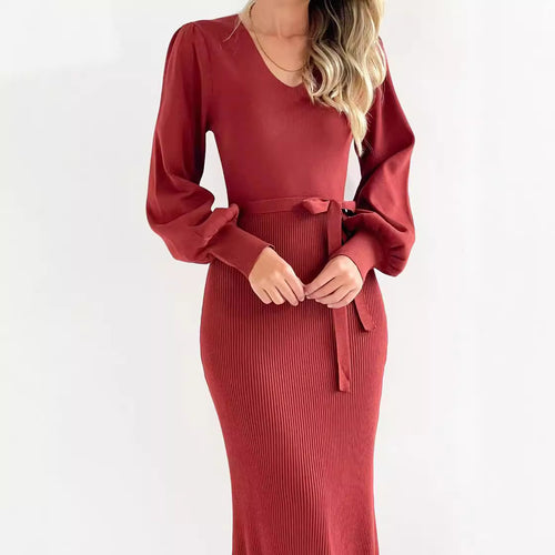 Damen elegantes Strickkleid mit Puffärmeln Drune