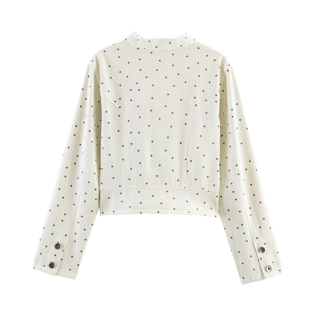 Damen Gepunktete Cropped-Jacke mit Stehkragen, Reißverschluss und aufgesetzten Taschen Drune